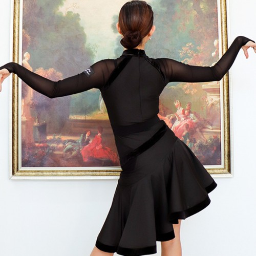 black velvet Latin Dance dress for women high neck irregular skirts  long-sleeved rumba salsa dance dresses Latin practice clothes